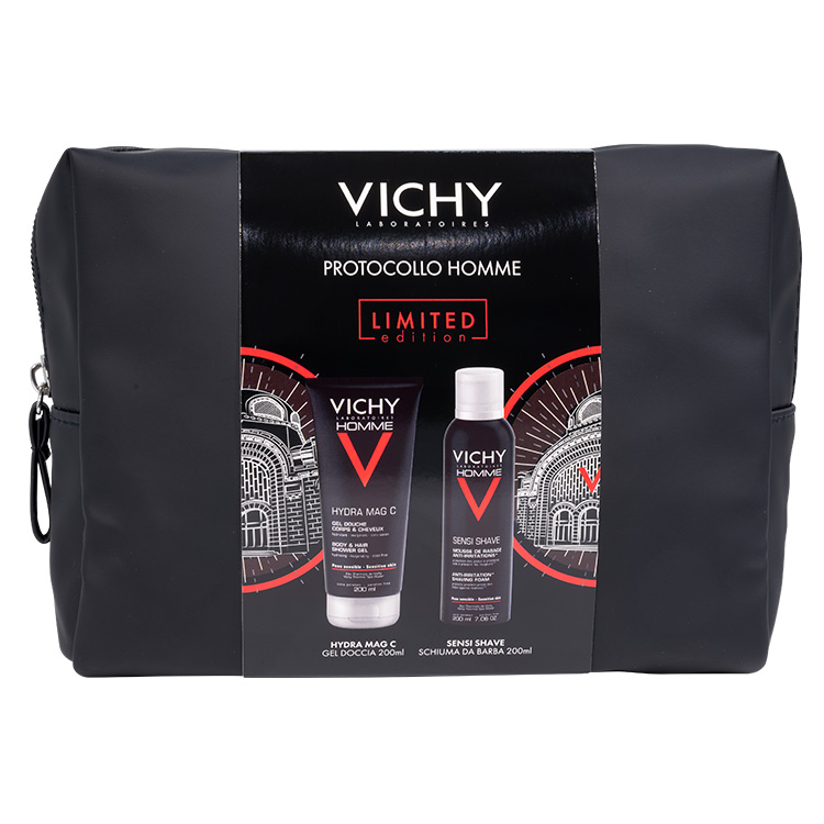 Vichy Cofanetto Pochette Regalo Uomo con Hydra Mag C Gel Doccia 200ml + Sensi Shave Schiuma da Barba 200ml - Idea Regalo Uomo
